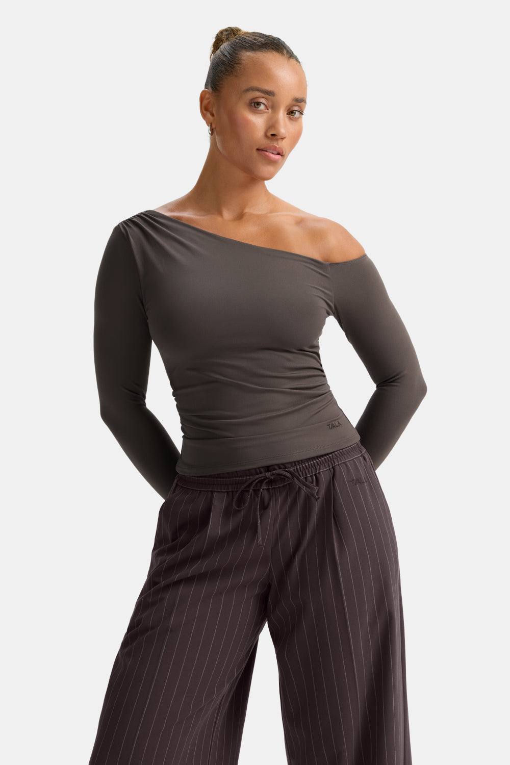 365 Asymmetric Ruched Long Sleeve Top - Mocha Brown