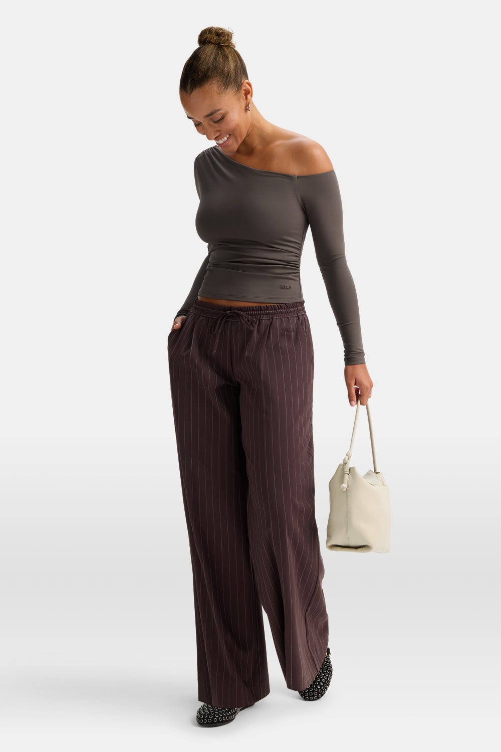 365 Asymmetric Ruched Long Sleeve Top - Mocha Brown