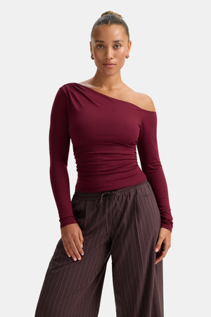 365 Asymmetric Ruched Long Sleeve Top - Port Red