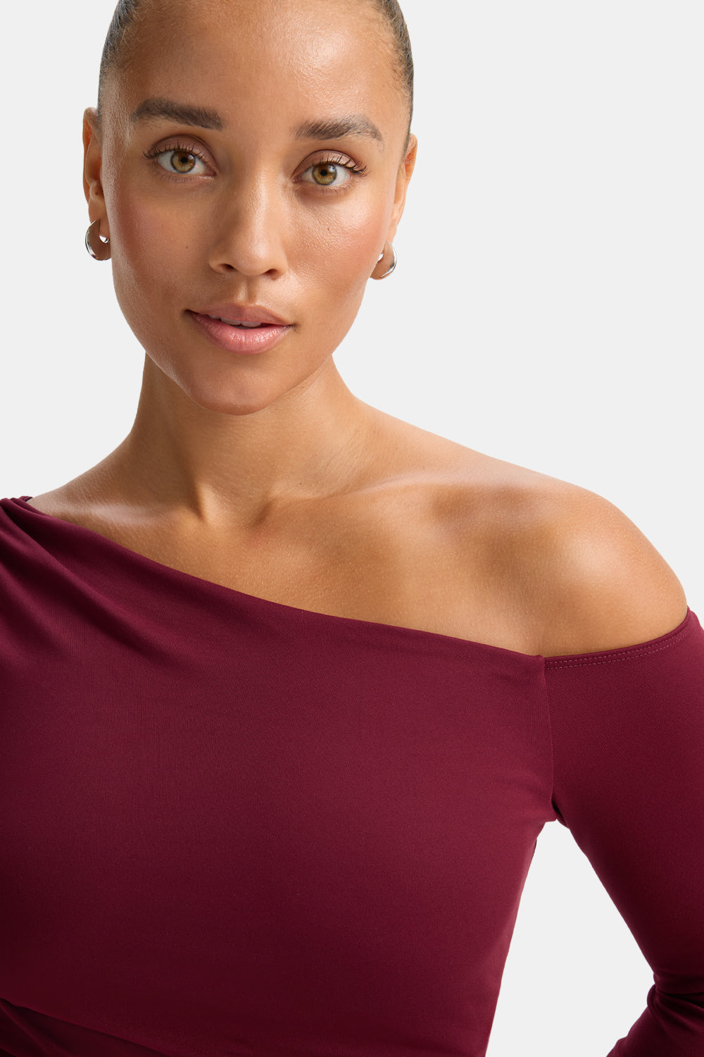 365 Asymmetric Ruched Long Sleeve Top - Port Red