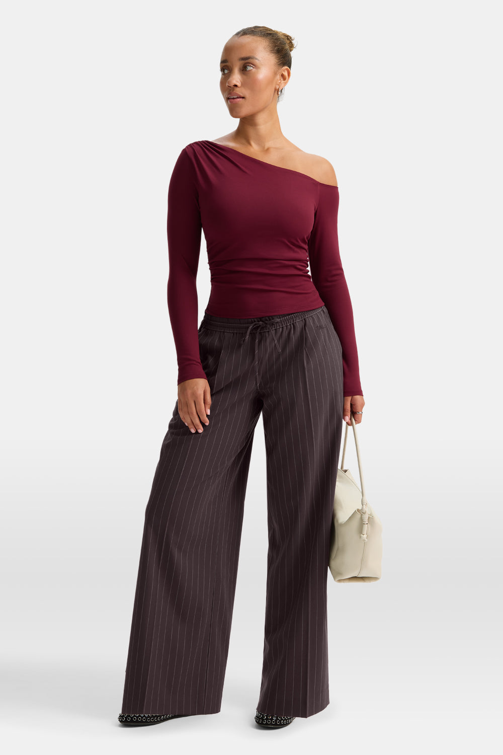 365 Asymmetric Ruched Long Sleeve Top - Port Red