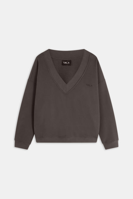 Oversized V Neck Sweatshirt - Mocha Brown
