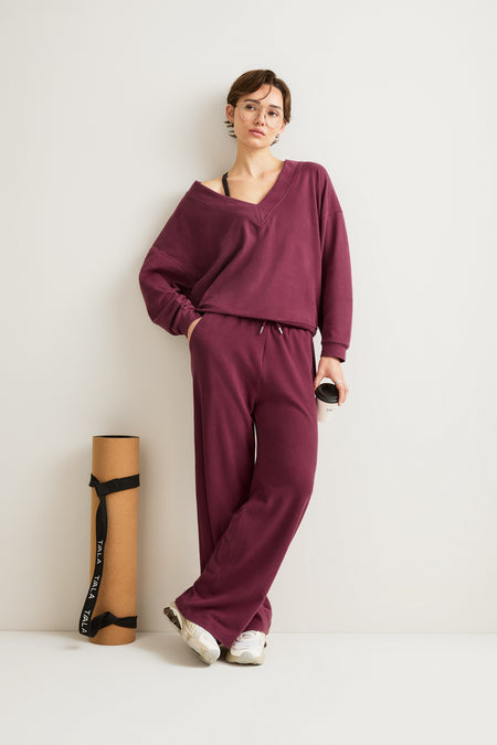 Plush Oversized V Neck Sweatshirt - Cranberry