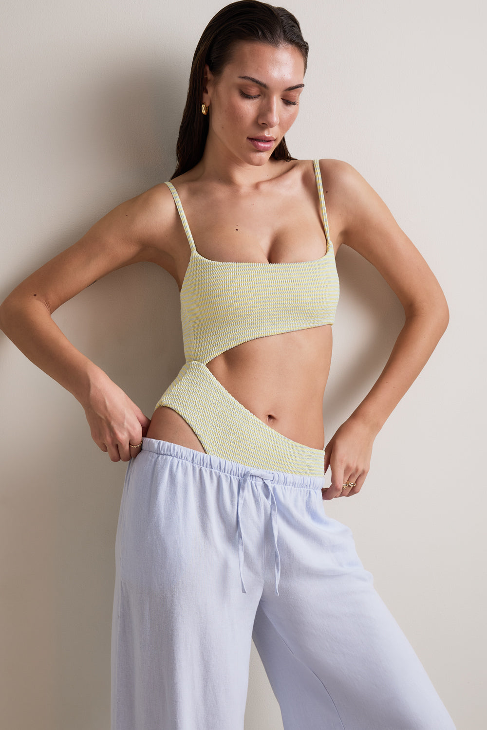 Crinkle Cut Out Swimsuit - Blue / Yellow