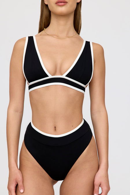 Kos Contrast Trim High Waisted Cheeky Bikini Brief - Shadow Black And Coconut Milk
