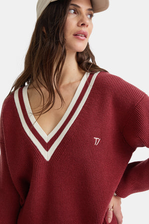 V Neck Knitted Cricket Jumper - Vintage Red & Ivory