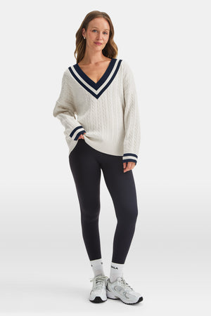 Oversized V Neck Knitted Cricket Jumper - Ivory & Midnight Navy