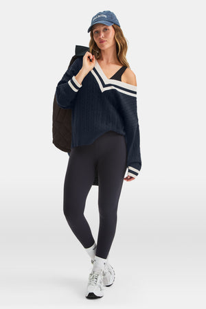 Oversized V Neck Knitted Cricket Jumper - Midnight Navy / Ivory