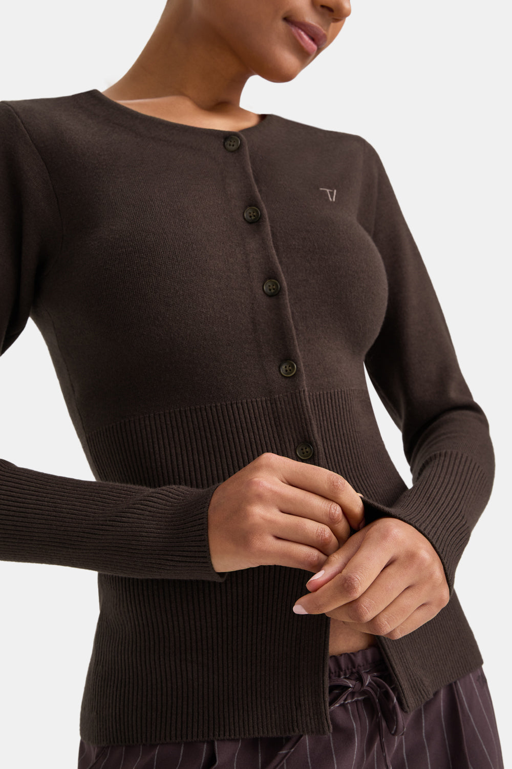 Knit-Waisted Crew Neck Cardigan - Americano