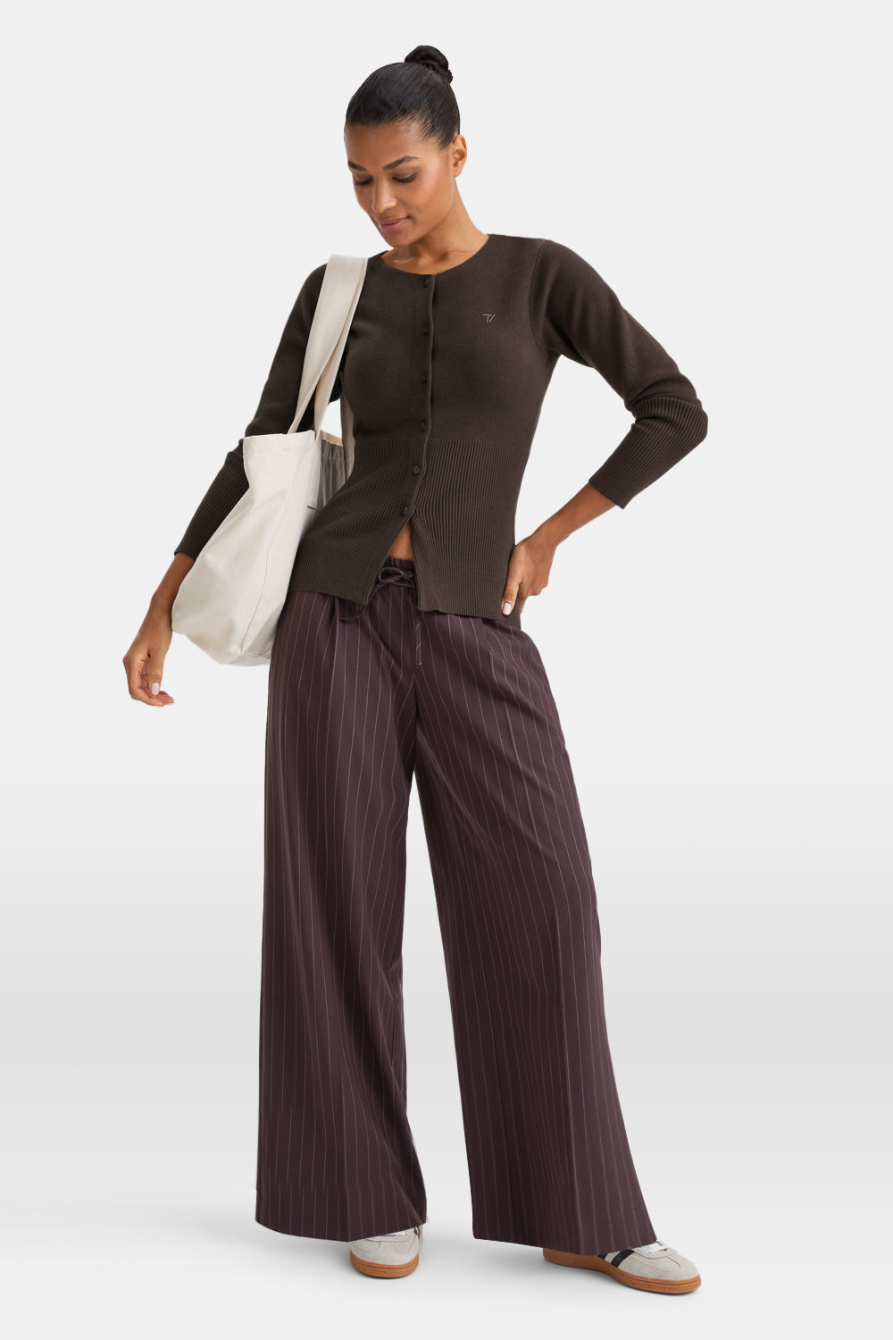 Knit-Waisted Crew Neck Cardigan - Americano