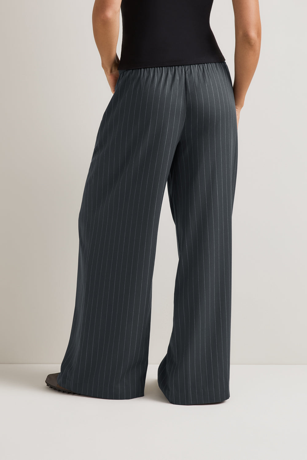 Drawstring Wide Leg Trousers - Charcoal Grey Stripe