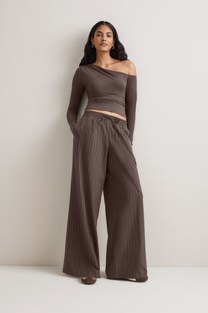 Drawstring Wide Leg Trousers - Mocha Brown Pinstripe