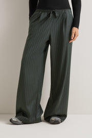 Drawstring Wide Leg Trousers - Dark Olive Stripe