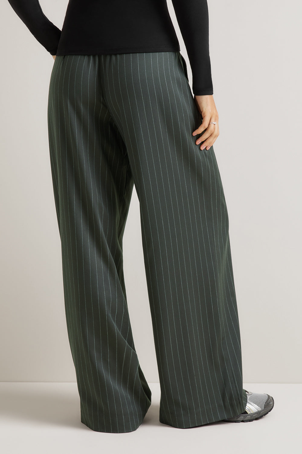 Drawstring Wide Leg Trousers - Dark Olive Stripe
