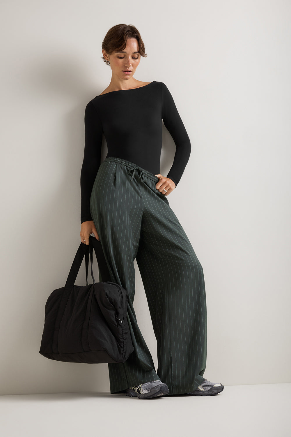Drawstring Wide Leg Trousers - Dark Olive Stripe