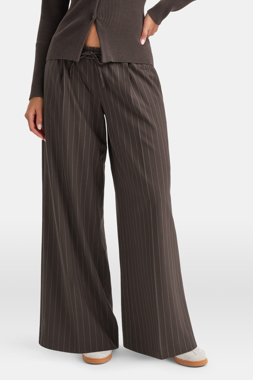 Everyday Tailoring Drawstring Trousers - Mocha Brown Pinstripe