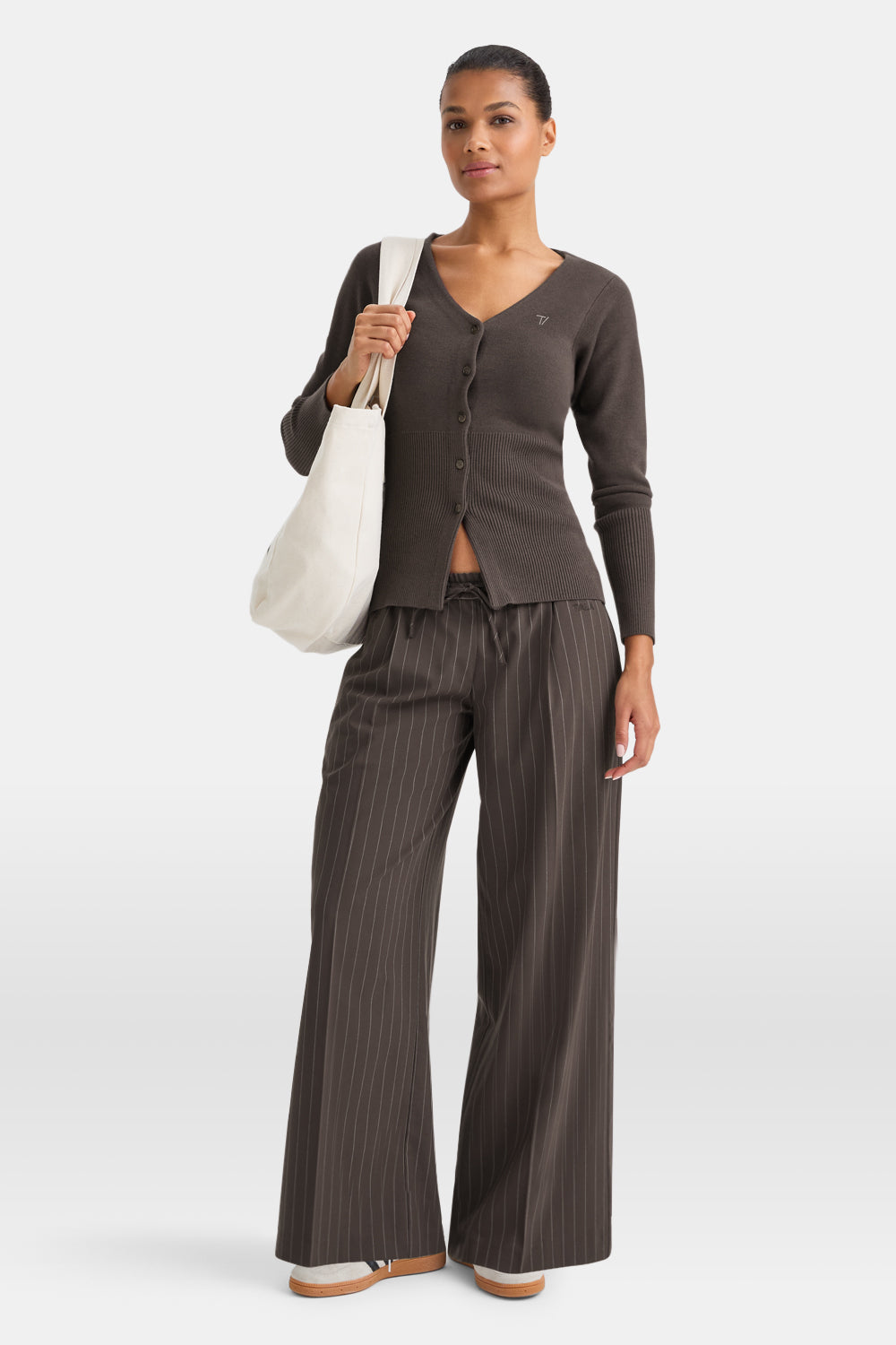 Everyday Tailoring Drawstring Trousers - Mocha Brown Pinstripe