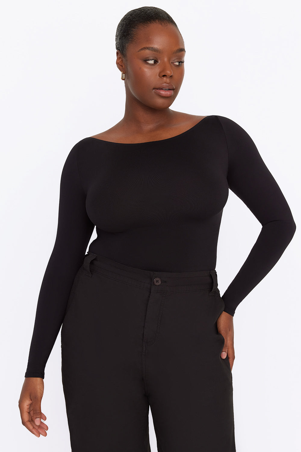 Plus Basic Black V Neck Long Sleeve Bodysuit