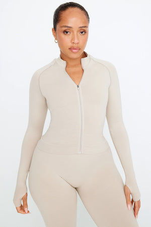 SCULPT SEAMLESS MOCK NECK ZIP THROUGH JACKET-  CHAI MARL