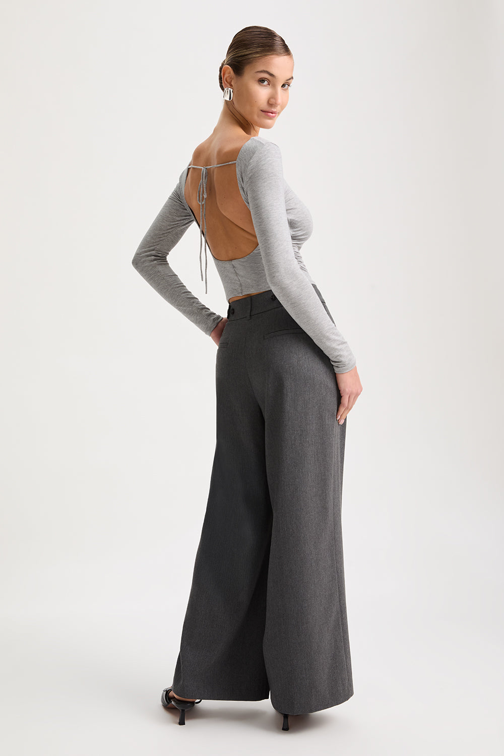 365 RUCHED SIDE OPEN BACK LONG SLEEVE TOP - GREY MARL