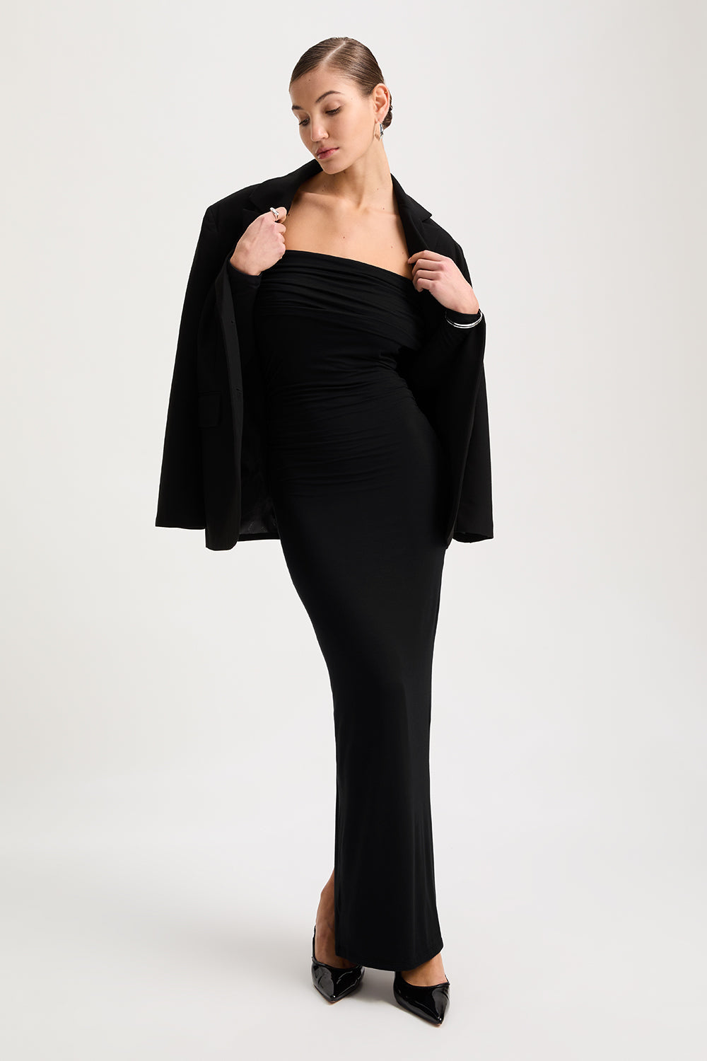 365 RUCHED SIDE BARDOT MAXI DRESS - SHADOW BLACK