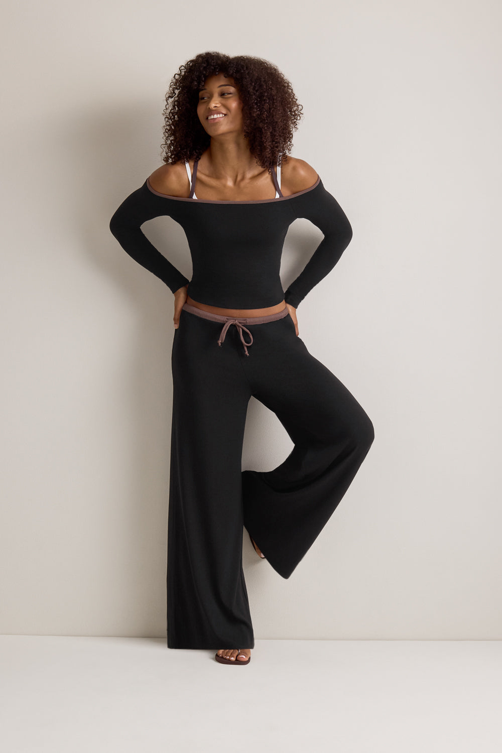 365 Rib Contrast Off  Shoulder Top - Black
