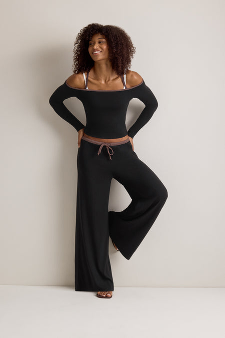 365 Rib Contrast Off  Shoulder Top - Black