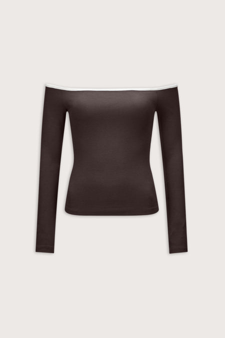365 Rib Contrast Off Shoulder Top - Espresso