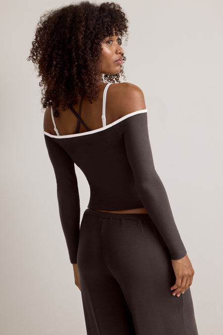 365 Rib Contrast Off Shoulder Top - Espresso