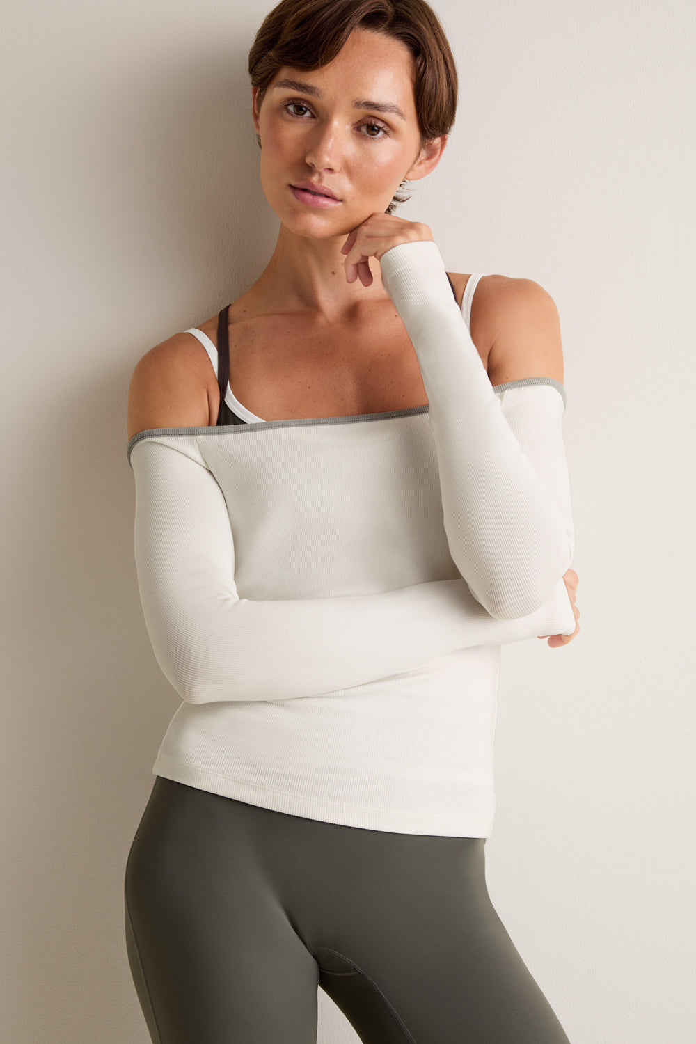 365 Rib Contrast Off Shoulder Top - Coconut Milk