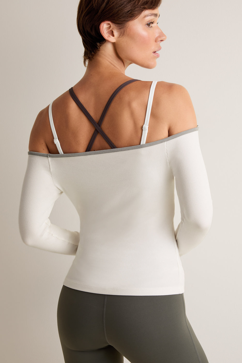 365 Rib Contrast Off Shoulder Top - Coconut Milk