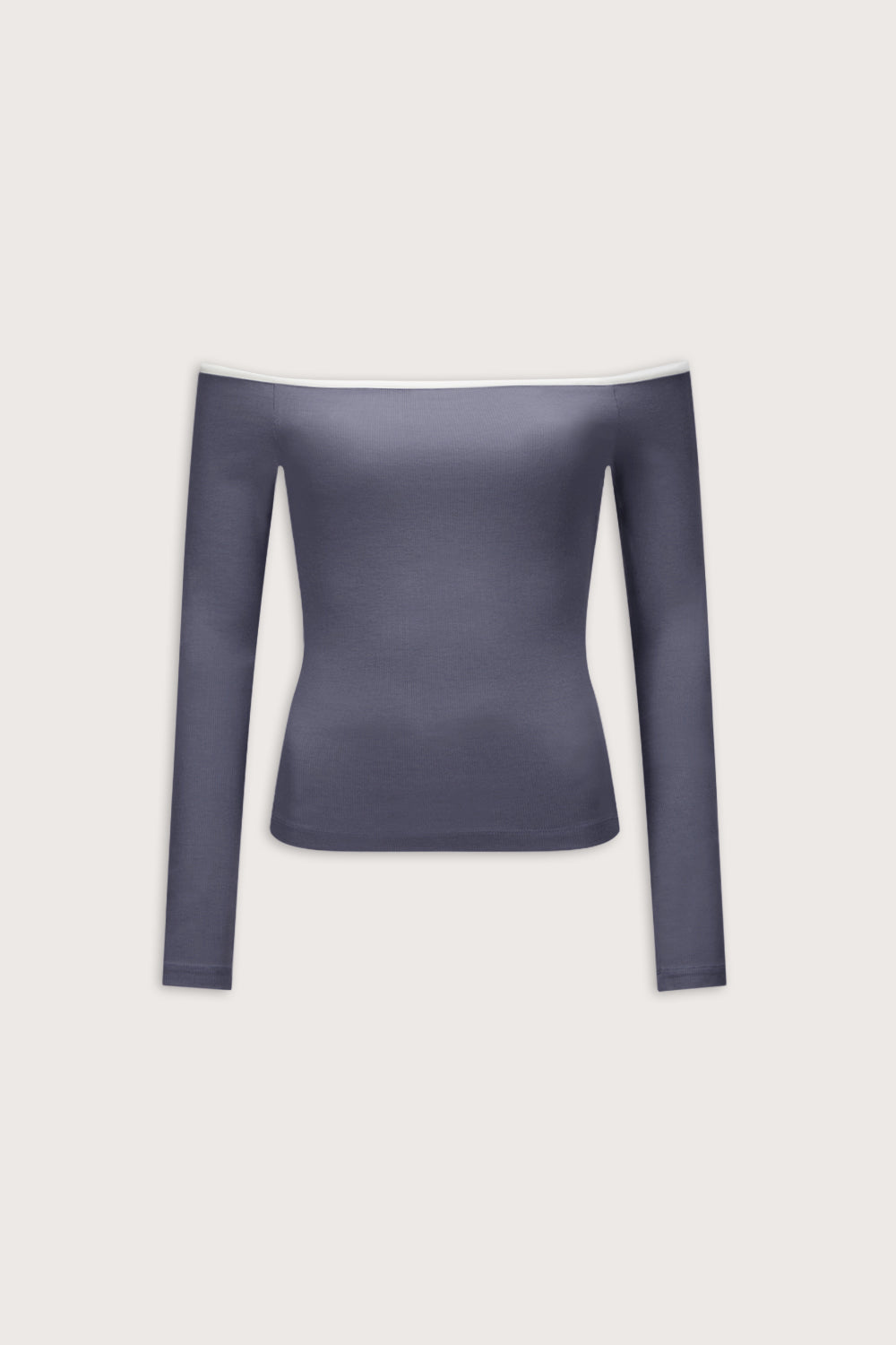 365 Rib Contrast Off Shoulder Top - Pewter Blue