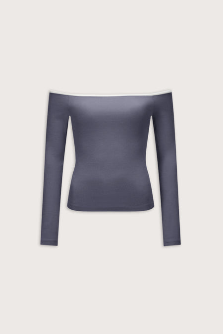 365 Rib Contrast Off Shoulder Top - Pewter Blue