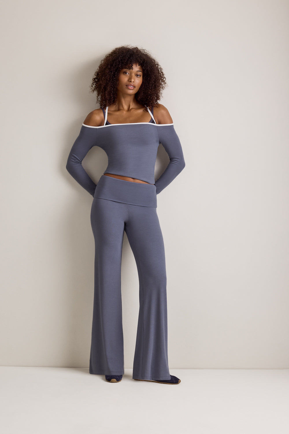 365 Rib Contrast Off Shoulder Top - Pewter Blue