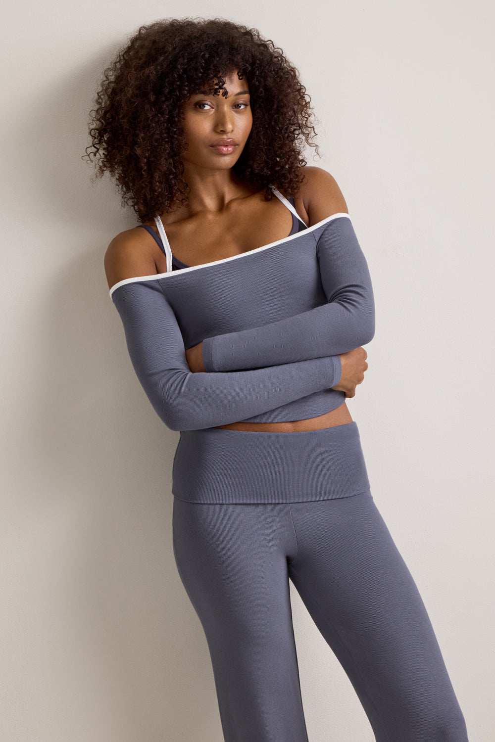 365 Rib Contrast Off Shoulder Top - Pewter Blue