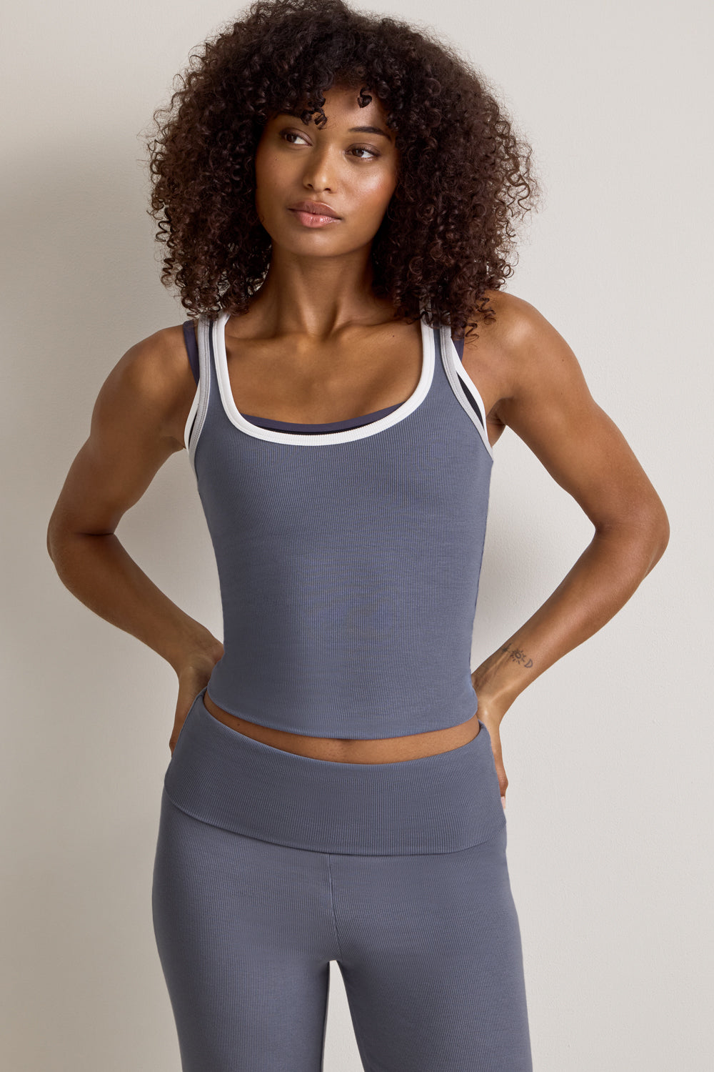 365 Rib Contrast Tank - Pewter Blue