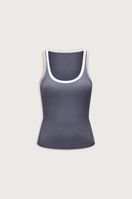 365 Rib Contrast Tank - Pewter Blue
