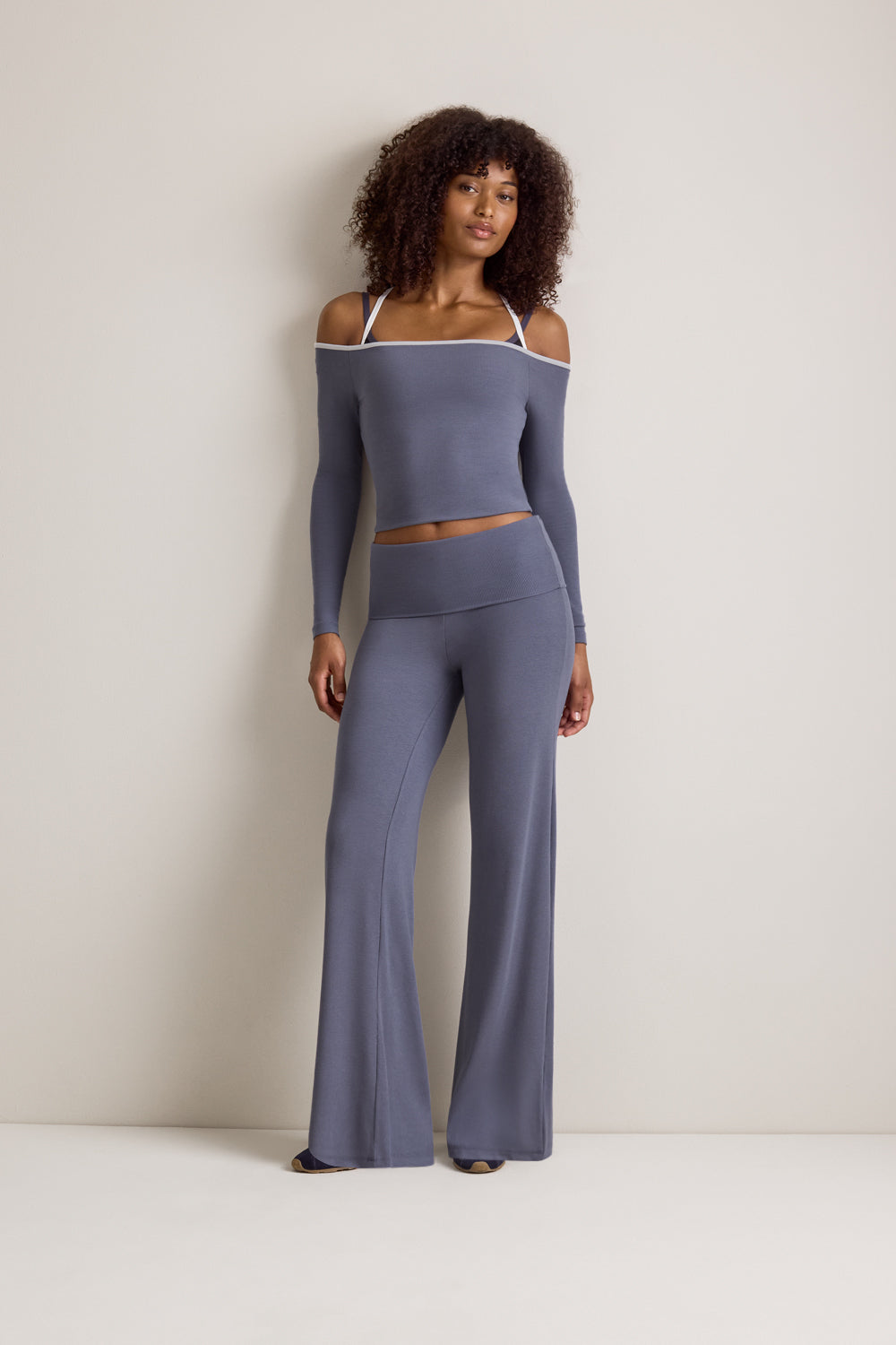 365 Rib Fold Waist Flared Trousers - Pewter Blue