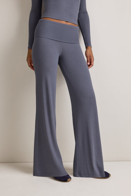 365 Rib Fold Waist Flared Trousers - Pewter Blue