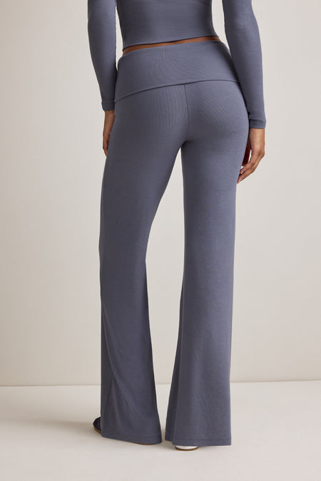 365 Rib Fold Waist Flared Trousers - Pewter Blue