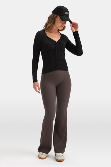 365 Sculpting Lounge Gathered Button Up Cardigan - Shadow Black