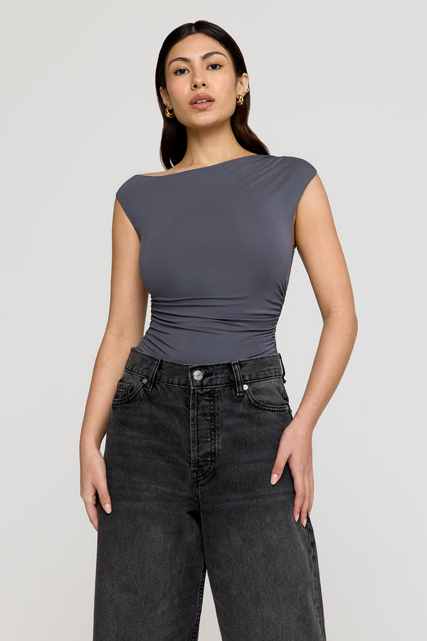 365 ASYMMETRIC RUCHED SIDE TOP - GRAPHITE