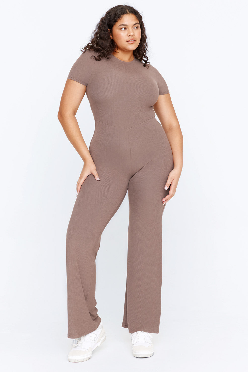 365 SCULPTING LOUNGE SHORT SLEEVE WIDE LEG JUMPSUIT - MOCHA – TALA