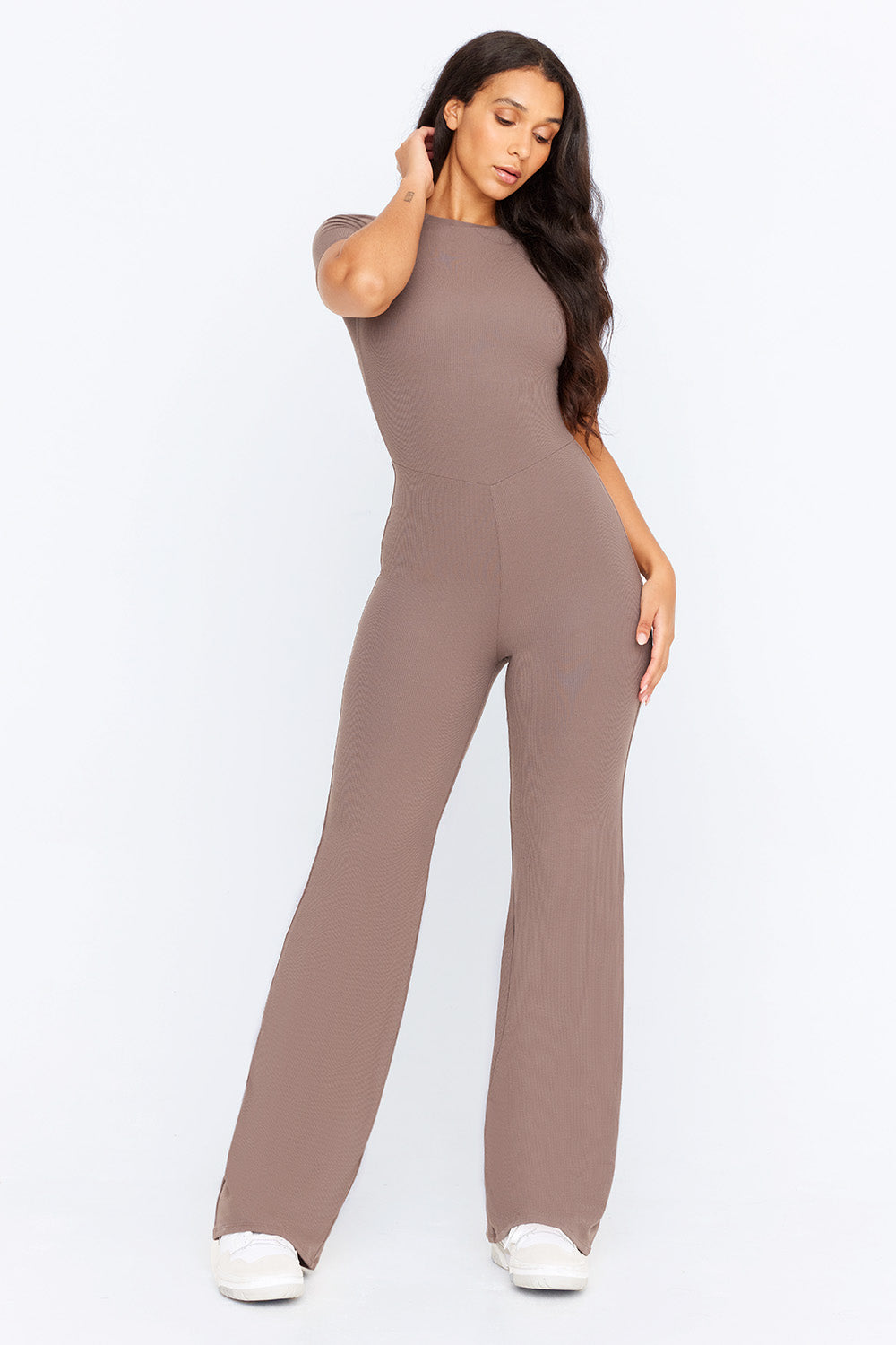 365 SCULPTING LOUNGE SHORT SLEEVE WIDE LEG JUMPSUIT - MOCHA – TALA