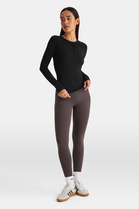 365 Core Cotton Long Sleeve Henley Top - Black