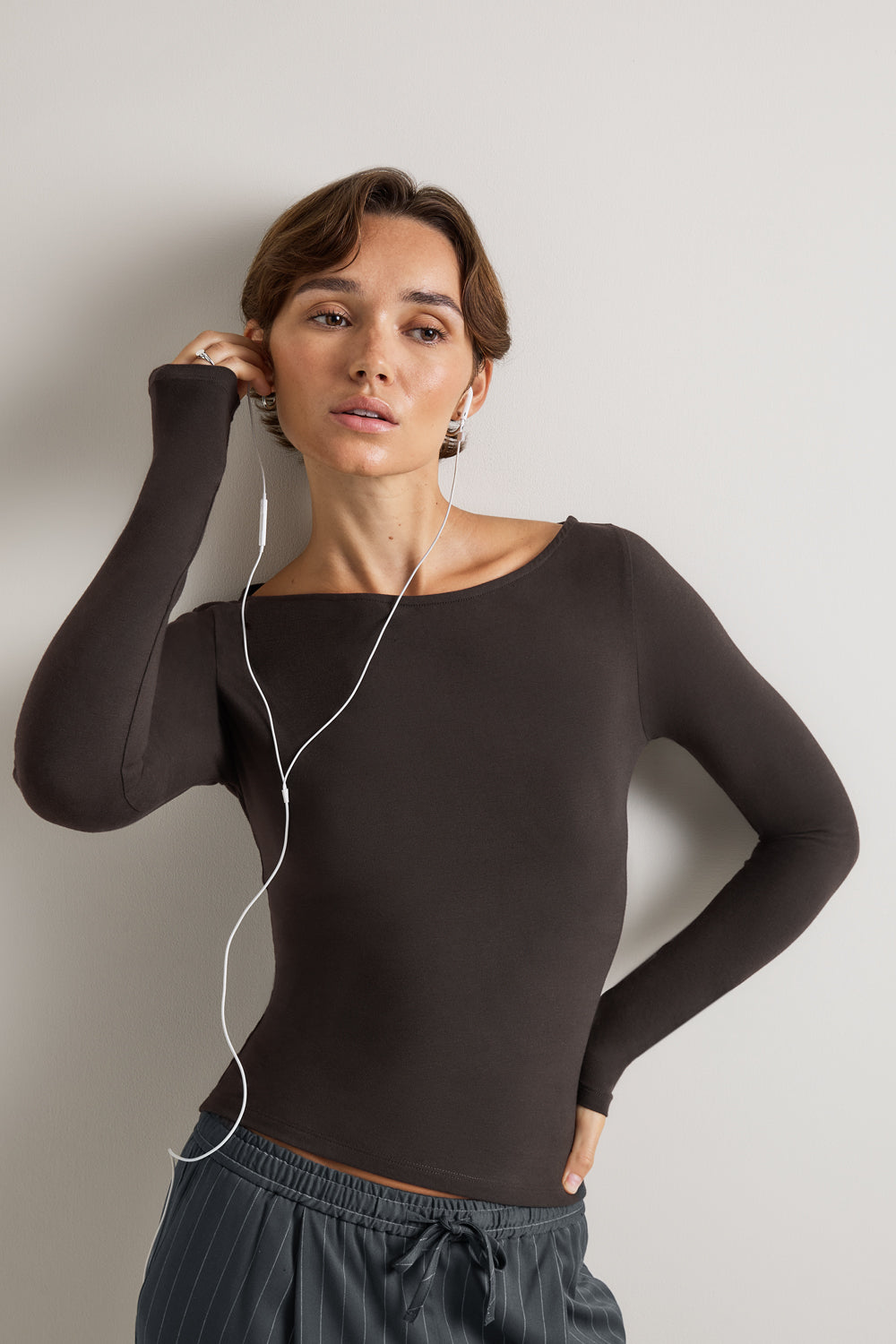 365 Core Cotton Boat Neck Top - Americano