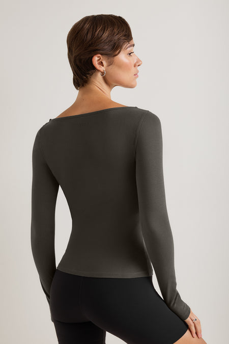 365 Core Cotton Boat Neck Top - Dark Olive