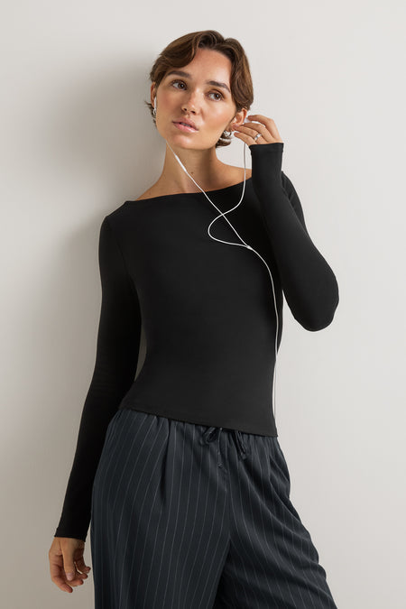 365 Core Cotton Boat Neck Top - Shadow Black