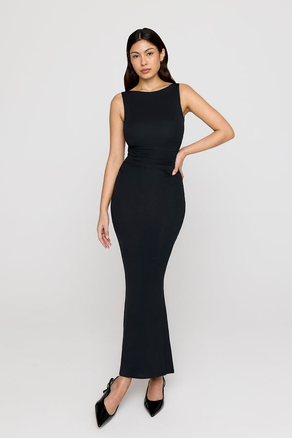 365 RUCHED SIDE BOAT NECK MAXI DRESS - SHADOW BLACK