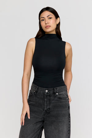 365 RUCHED SIDE MOCK NECK TOP - SHADOW BLACK